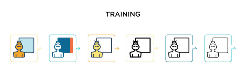 Training vector icon in 6 different modern styles. Black, two colored training icons designed in filled, outline, line and stroke style. Vector illustration can be used for web, mobile, ui