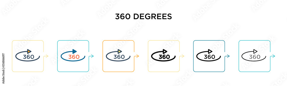 Poster 360 degrees vector icon in 6 different modern styles. black, two colored 360 degrees icons designed 