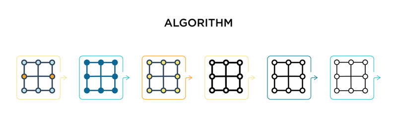Algorithm vector icon in 6 different modern styles. Black, two colored algorithm icons designed in filled, outline, line and stroke style. Vector illustration can be used for web, mobile, ui