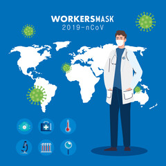 doctor wearing medical mask against 2019 ncov with medical icons and background world planet vector illustration design