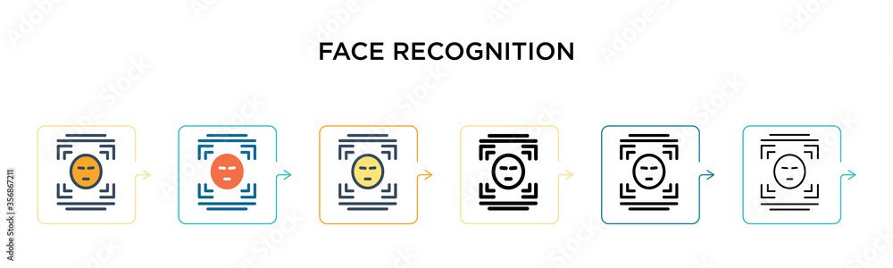 Poster face recognition vector icon in 6 different modern styles. black, two colored face recognition icons