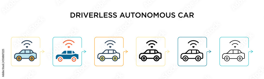 Poster driverless autonomous car vector icon in 6 different modern styles. black, two colored driverless au