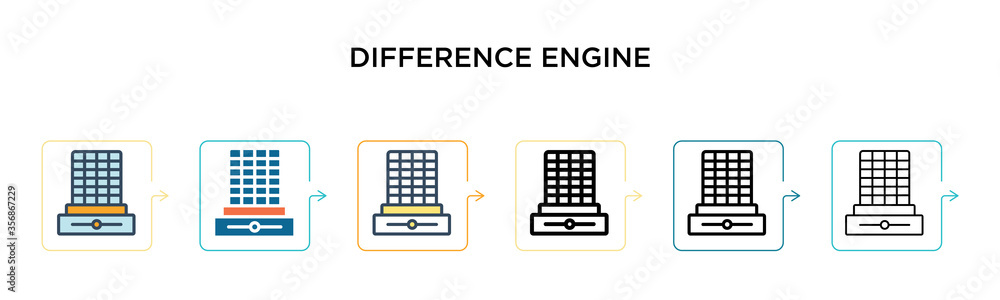 Poster difference engine vector icon in 6 different modern styles. black, two colored difference engine ico