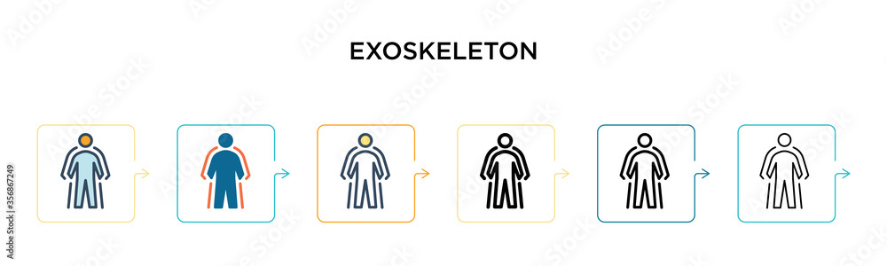 Poster exoskeleton vector icon in 6 different modern styles. black, two colored exoskeleton icons designed 