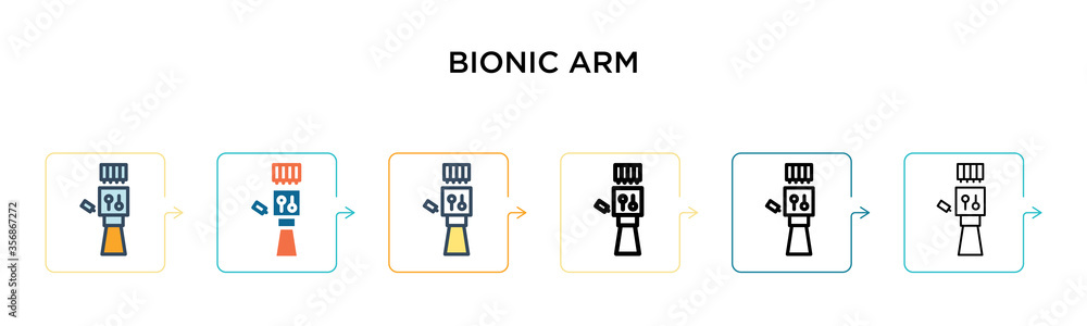 Poster bionic arm vector icon in 6 different modern styles. black, two colored bionic arm icons designed in