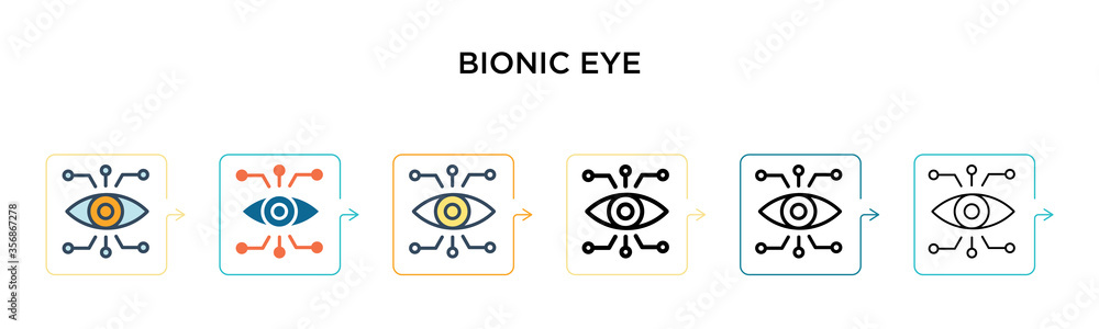Poster bionic eye vector icon in 6 different modern styles. black, two colored bionic eye icons designed in