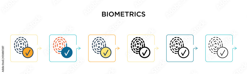 Poster biometrics vector icon in 6 different modern styles. black, two colored biometrics icons designed in