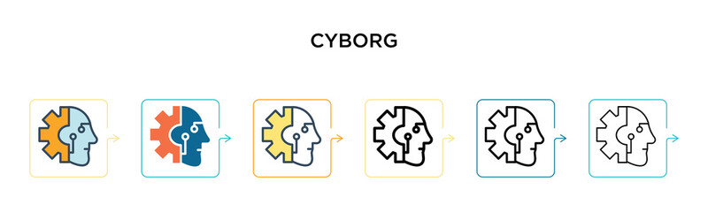 Cyborg vector icon in 6 different modern styles. Black, two colored cyborg icons designed in filled, outline, line and stroke style. Vector illustration can be used for web, mobile, ui
