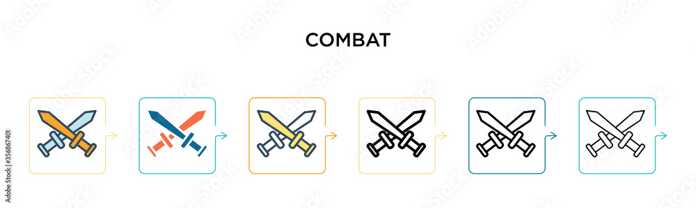 Poster combat vector icon in 6 different modern styles. black, two colored combat icons designed in filled,