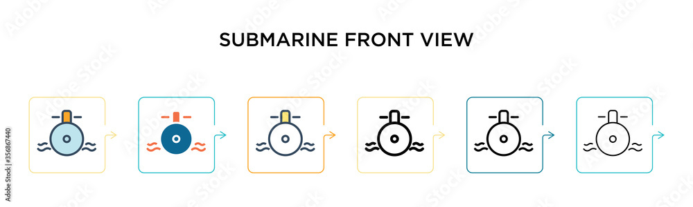 Poster submarine front view vector icon in 6 different modern styles. black, two colored submarine front vi
