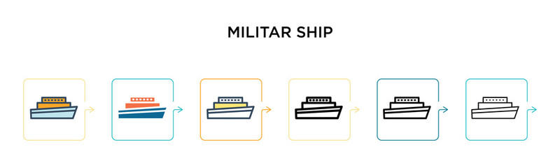 Militar ship vector icon in 6 different modern styles. Black, two colored militar ship icons designed in filled, outline, line and stroke style. Vector illustration can be used for web, mobile, ui