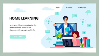 Online education, home schooling concept. Student is doing homework on computer. Teacher on laptop screen. Place for text. Website design.Vector illustration. Flat cartoon style design