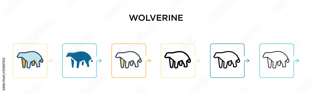 Poster wolverine vector icon in 6 different modern styles. black, two colored wolverine icons designed in f