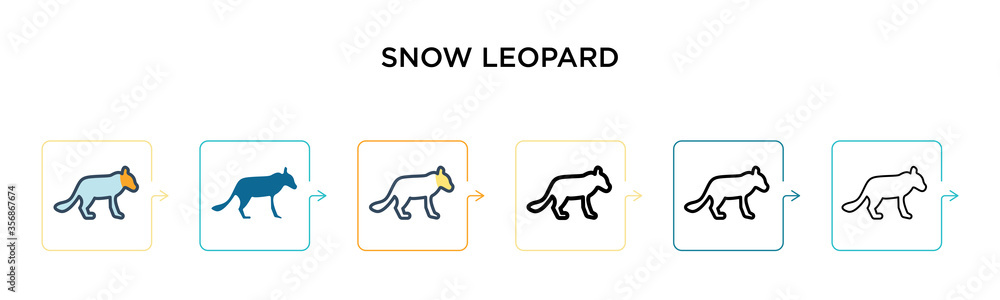 Poster snow leopard vector icon in 6 different modern styles. black, two colored snow leopard icons designe