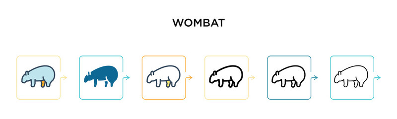 Wombat vector icon in 6 different modern styles. Black, two colored wombat icons designed in filled, outline, line and stroke style. Vector illustration can be used for web, mobile, ui