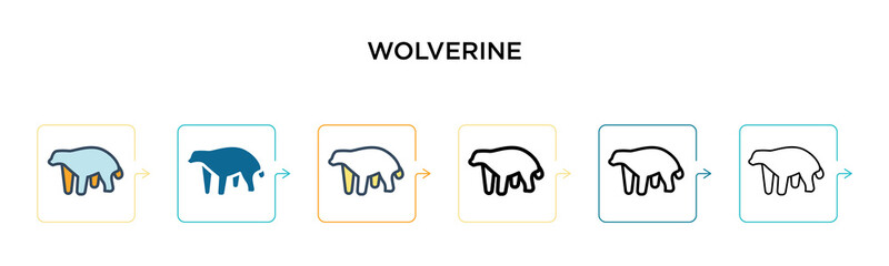 Wolverine vector icon in 6 different modern styles. Black, two colored wolverine icons designed in filled, outline, line and stroke style. Vector illustration can be used for web, mobile, ui