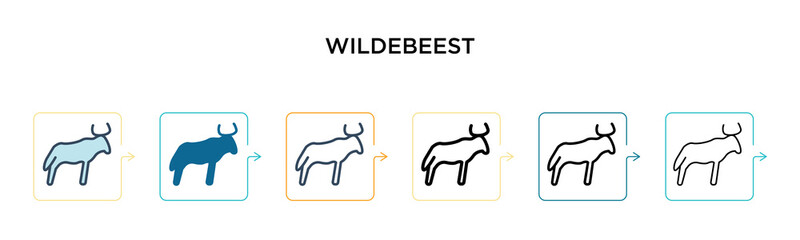 Wildebeest vector icon in 6 different modern styles. Black, two colored wildebeest icons designed in filled, outline, line and stroke style. Vector illustration can be used for web, mobile, ui