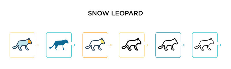 Snow leopard vector icon in 6 different modern styles. Black, two colored snow leopard icons designed in filled, outline, line and stroke style. Vector illustration can be used for web, mobile, ui