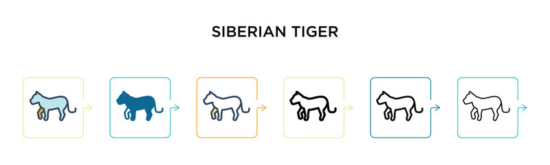Siberian tiger vector icon in 6 different modern styles. Black, two colored siberian tiger icons designed in filled, outline, line and stroke style. Vector illustration can be used for web, mobile, ui