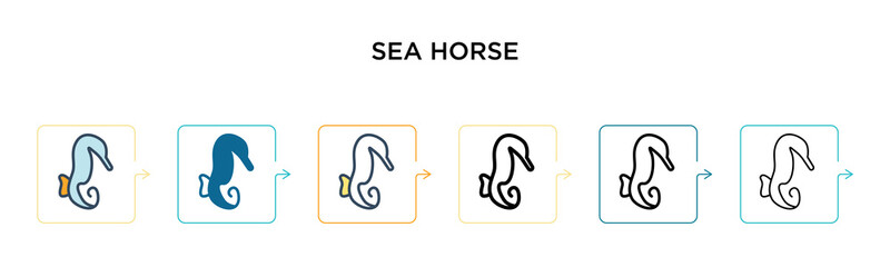 Sea horse vector icon in 6 different modern styles. Black, two colored sea horse icons designed in filled, outline, line and stroke style. Vector illustration can be used for web, mobile, ui