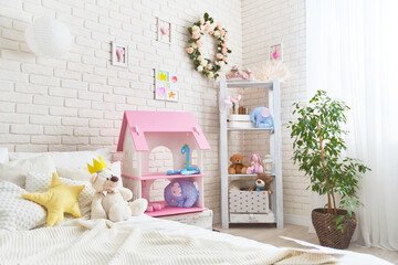 cozy children room for little girl, with white wall with pictures, Dollhouse