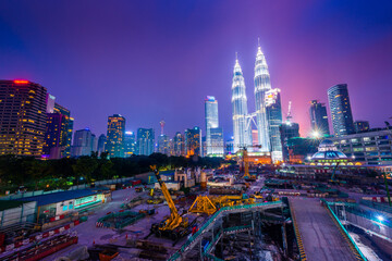 Night view of the illuminated Kuala Lumpur Twin Towers, Malaysia
