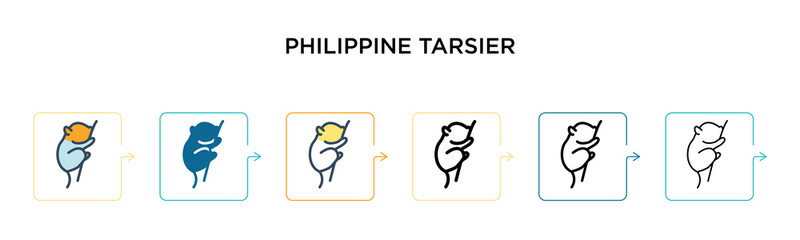 Philippine tarsier vector icon in 6 different modern styles. Black, two colored philippine tarsier icons designed in filled, outline, line and stroke style. Vector illustration can be used for web,