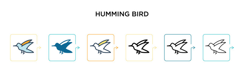 Humming bird vector icon in 6 different modern styles. Black, two colored humming bird icons designed in filled, outline, line and stroke style. Vector illustration can be used for web, mobile, ui