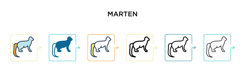 Marten vector icon in 6 different modern styles. Black, two colored marten icons designed in filled, outline, line and stroke style. Vector illustration can be used for web, mobile, ui