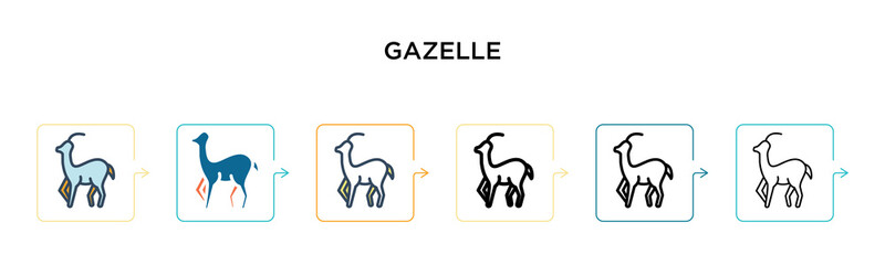 Gazelle vector icon in 6 different modern styles. Black, two colored gazelle icons designed in filled, outline, line and stroke style. Vector illustration can be used for web, mobile, ui