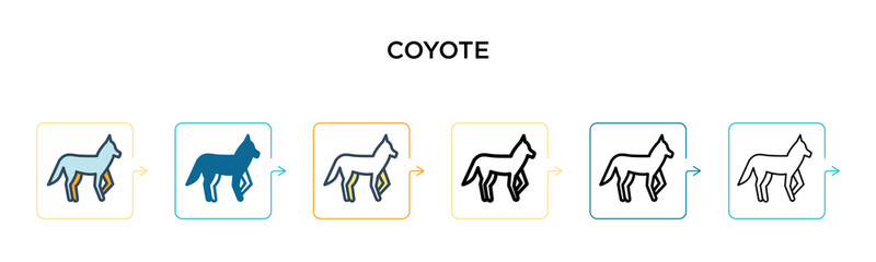 Coyote vector icon in 6 different modern styles. Black, two colored coyote icons designed in filled, outline, line and stroke style. Vector illustration can be used for web, mobile, ui