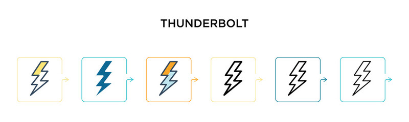 Thunderbolt vector icon in 6 different modern styles. Black, two colored thunderbolt icons designed in filled, outline, line and stroke style. Vector illustration can be used for web, mobile, ui