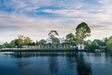 Panorama view of the Astana palace of the Rajah Brooke by the river on a beautiful morning, Sarawak, Kuching