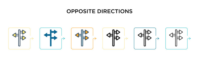 Opposite directions vector icon in 6 different modern styles. Black, two colored opposite directions icons designed in filled, outline, line and stroke style. Vector illustration can be used for web,