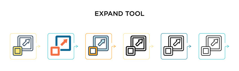 Expand tool vector icon in 6 different modern styles. Black, two colored expand tool icons designed in filled, outline, line and stroke style. Vector illustration can be used for web, mobile, ui