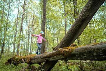 Naklejka na ściany i meble little brave girl in the spring forest walking on a log.