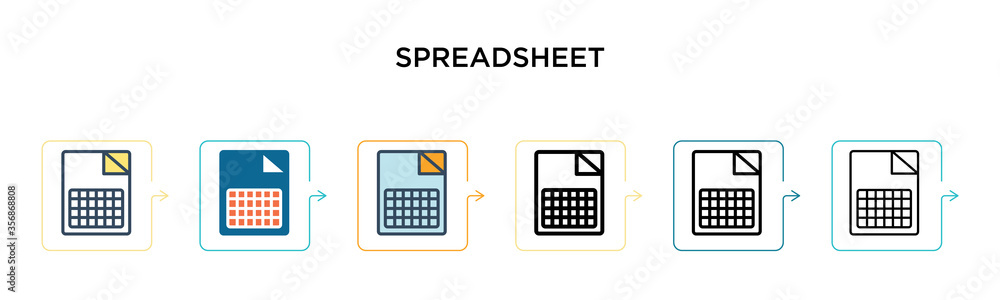 Aufkleber spreadsheet vector icon in 6 different modern styles. black, two colored spreadsheet icons designed 