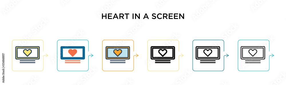 Poster heart in a screen vector icon in 6 different modern styles. black, two colored heart in a screen ico