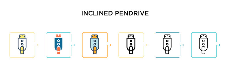Inclined pendrive vector icon in 6 different modern styles. Black, two colored inclined pendrive icons designed in filled, outline, line and stroke style. Vector illustration can be used for web,