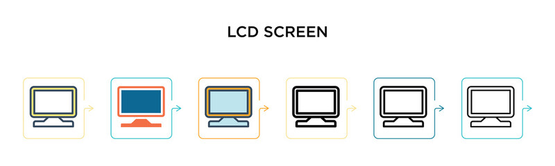 Lcd screen vector icon in 6 different modern styles. Black, two colored lcd screen icons designed in filled, outline, line and stroke style. Vector illustration can be used for web, mobile, ui