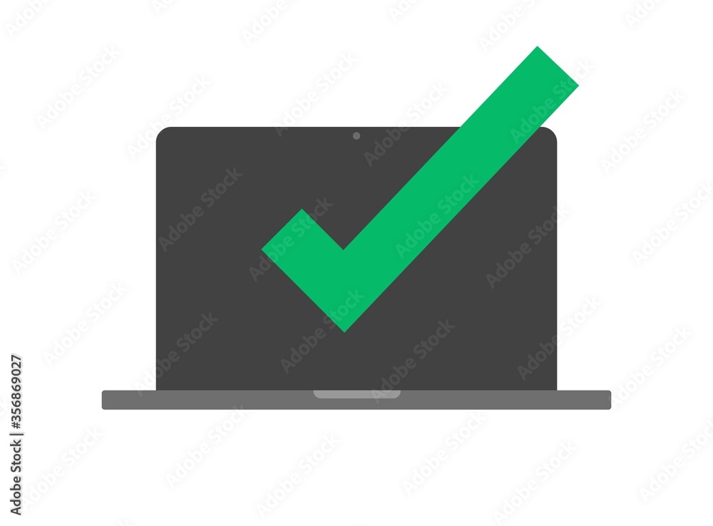 Poster confirm notice message check mark on computer laptop icon or pc with approved checkmark notification