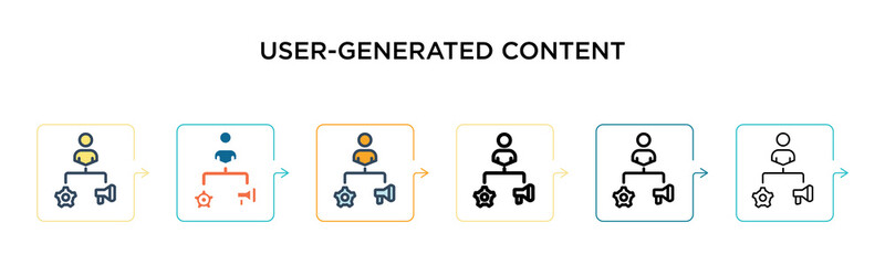 User-generated content vector icon in 6 different modern styles. Black, two colored user-generated content icons designed in filled, outline, line and stroke style. Vector illustration can be used for