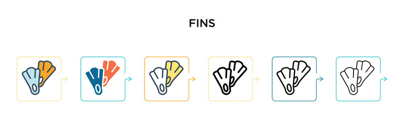 Fins vector icon in 6 different modern styles. Black, two colored fins icons designed in filled, outline, line and stroke style. Vector illustration can be used for web, mobile, ui