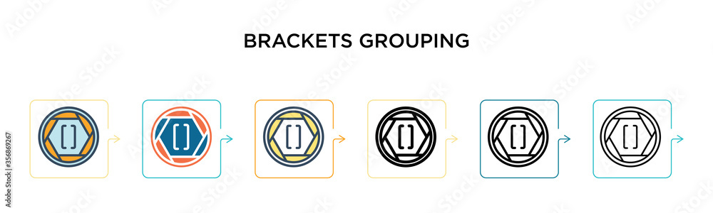 Poster brackets grouping symbol vector icon in 6 different modern styles. black, two colored brackets group