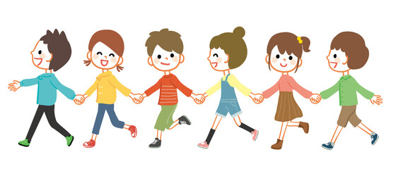 Illustration of kids walking hand in hand
