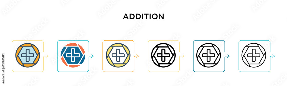 Aufkleber addition vector icon in 6 different modern styles. black, two colored addition icons designed in fil
