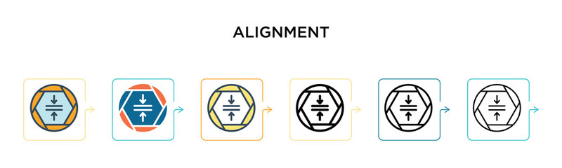 Alignment vector icon in 6 different modern styles. Black, two colored alignment icons designed in filled, outline, line and stroke style. Vector illustration can be used for web, mobile, ui