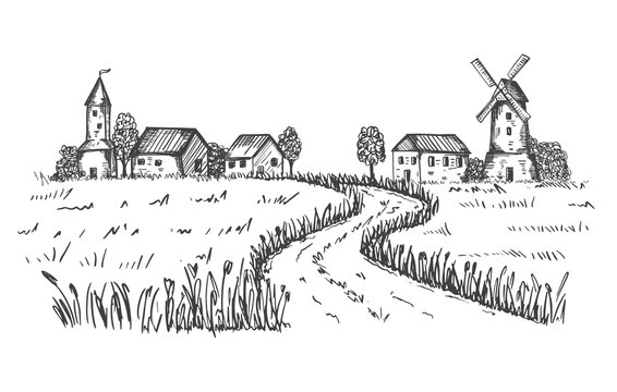 Sketch of a rural landscape. The road leading to the farm, houses, mill through a wheat field. Good for packaging eco-friendly, natural food. Engraved, etched image. Hand drawn. Black and white vector