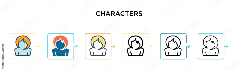 Poster characters vector icon in 6 different modern styles. black, two colored characters icons designed in
