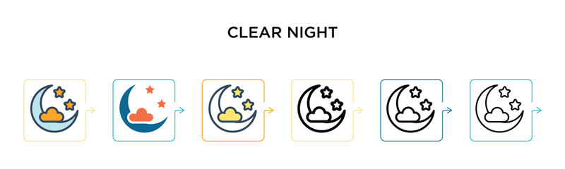 Clear night vector icon in 6 different modern styles. Black, two colored clear night icons designed in filled, outline, line and stroke style. Vector illustration can be used for web, mobile, ui
